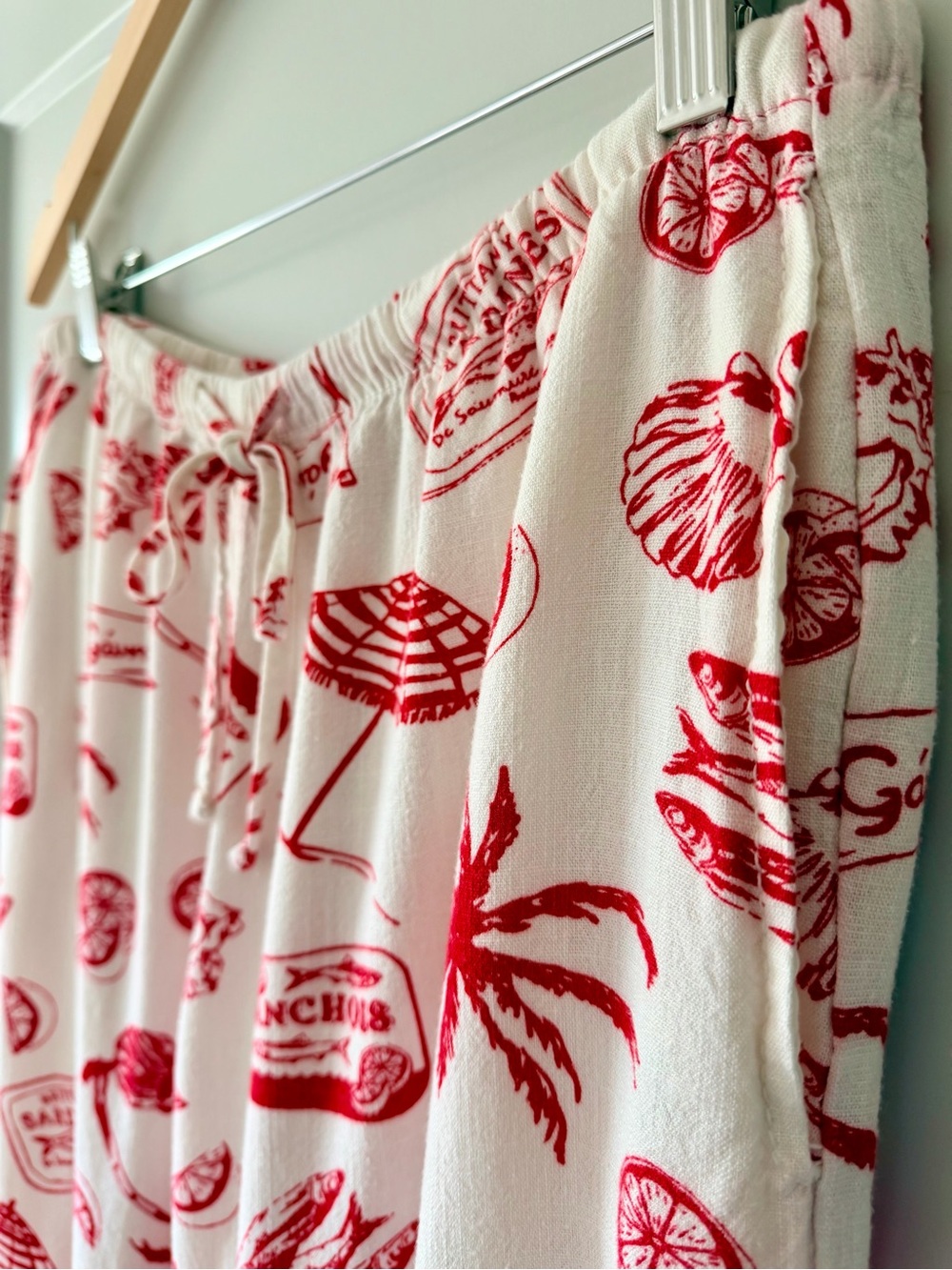 Angel Kiss Coastal Beach Print Wide Leg Lounge Pants Red and Ivory - Picture 2 of 6